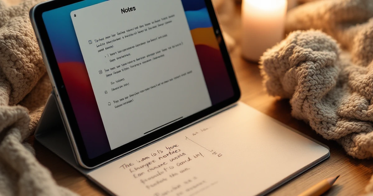 Apple Notes app displayed on iPad with paper notes and pencil.