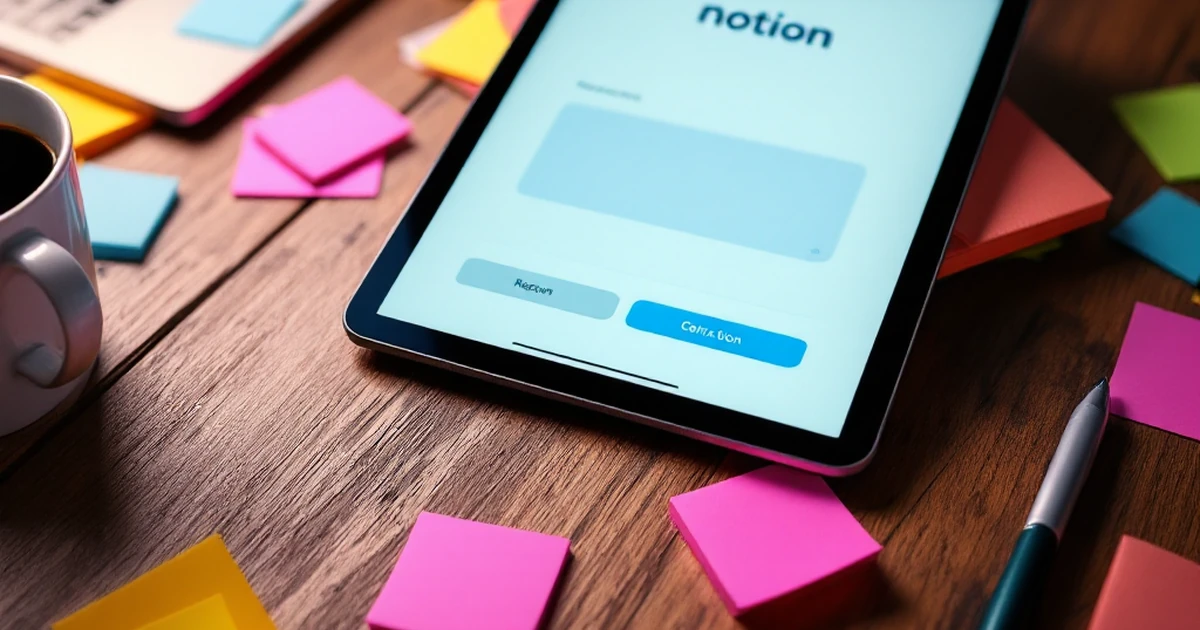 Notion app interface on a tablet with sticky notes and coffee.
