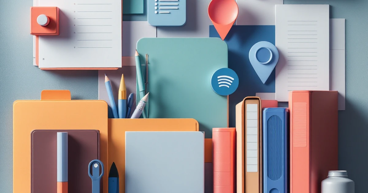 Abstract arrangement of organizing tools and digital icons.