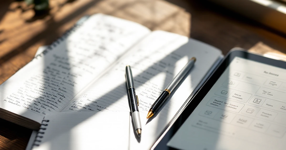 Notebook, pen, and tablet with note-taking apps under natural light.