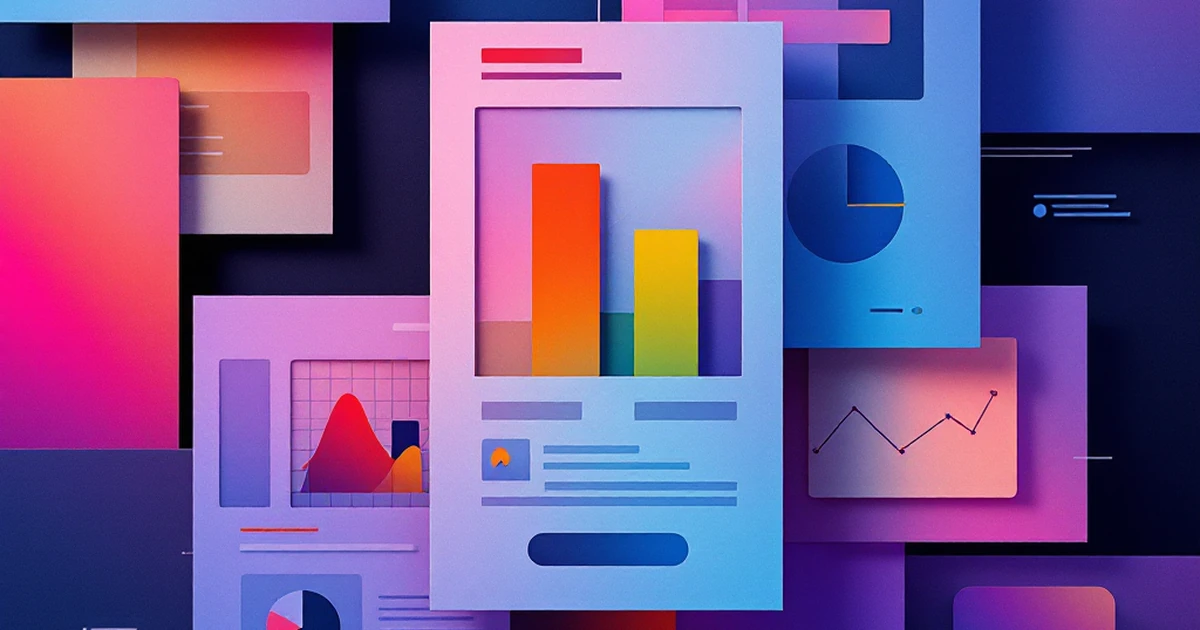 Abstract collage of newsletter elements like templates and graphs.