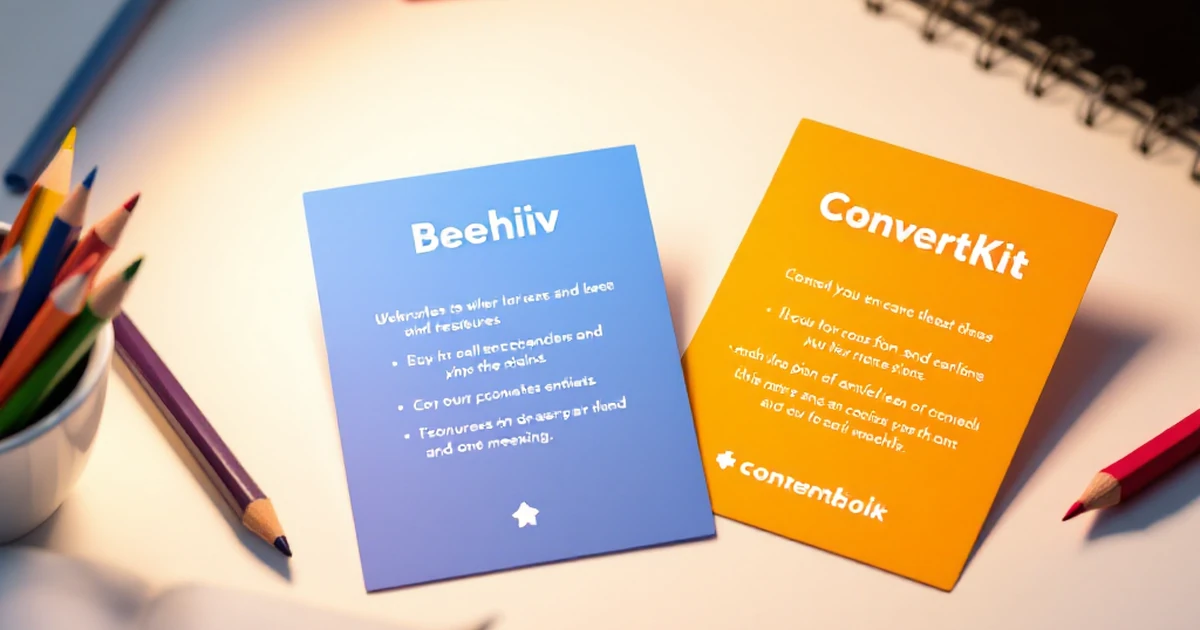 Isometric view of Beehiiv and ConvertKit feature comparison with stationery.