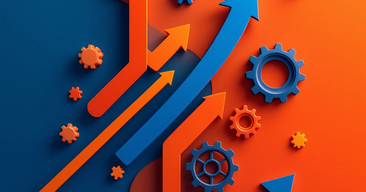 Abstract design showing newsletter growth strategies with arrows and gears.