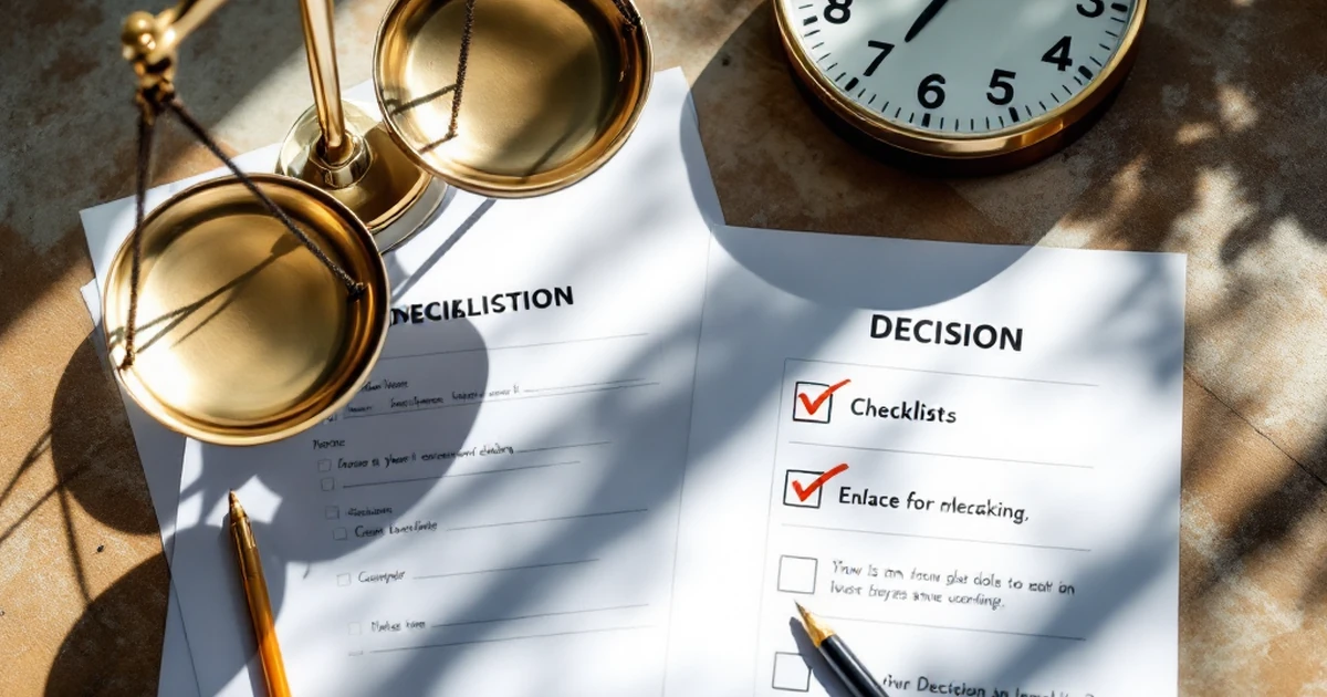 Flat lay of scales and checklists representing decision-making for newsletter platforms.