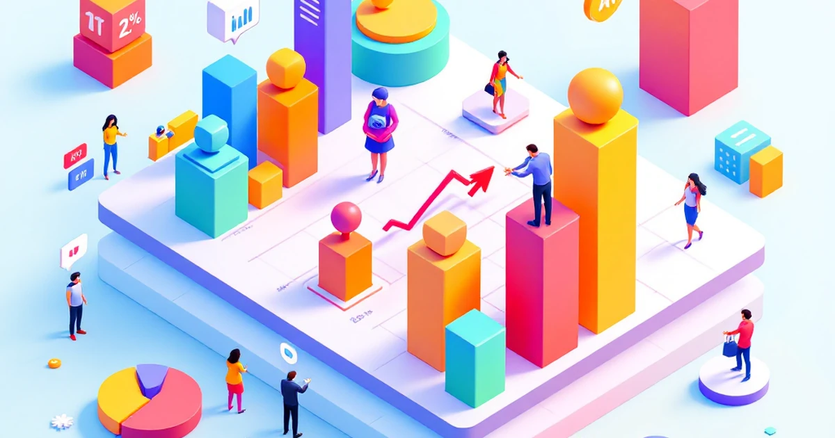 Isometric illustration of AI comparison chart with 3D graphs.