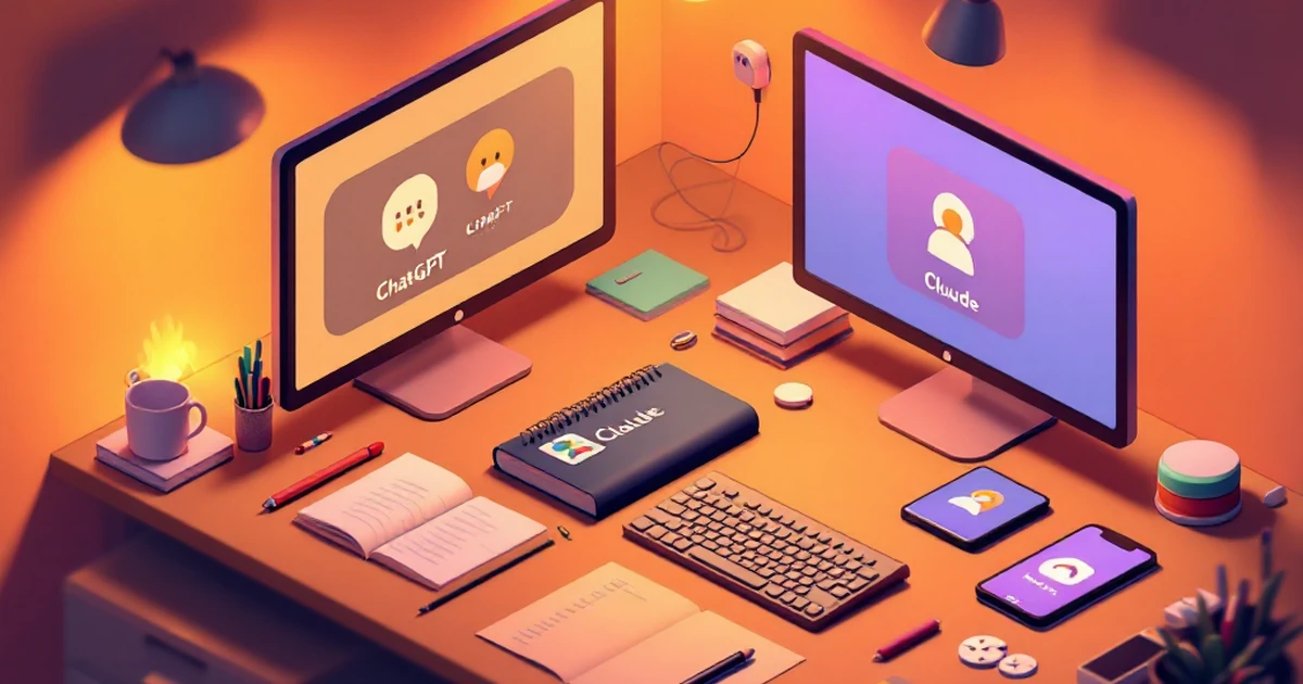 Isometric view of a workspace with AI tools representing ChatGPT and Claude.