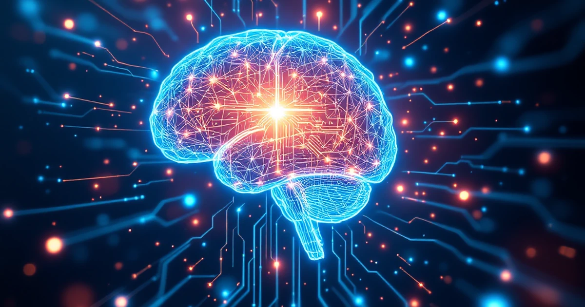 Abstract image of digital brain and circuits representing AI technology.