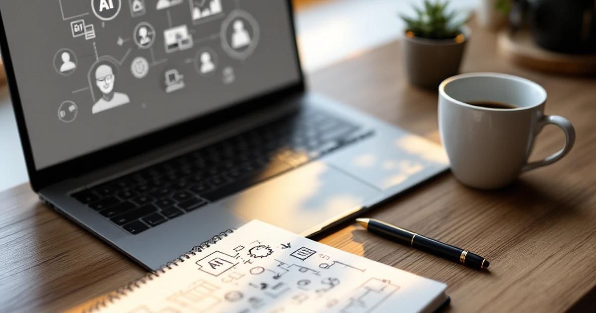 Laptop with AI icons and notepad with sketches for AI use cases.