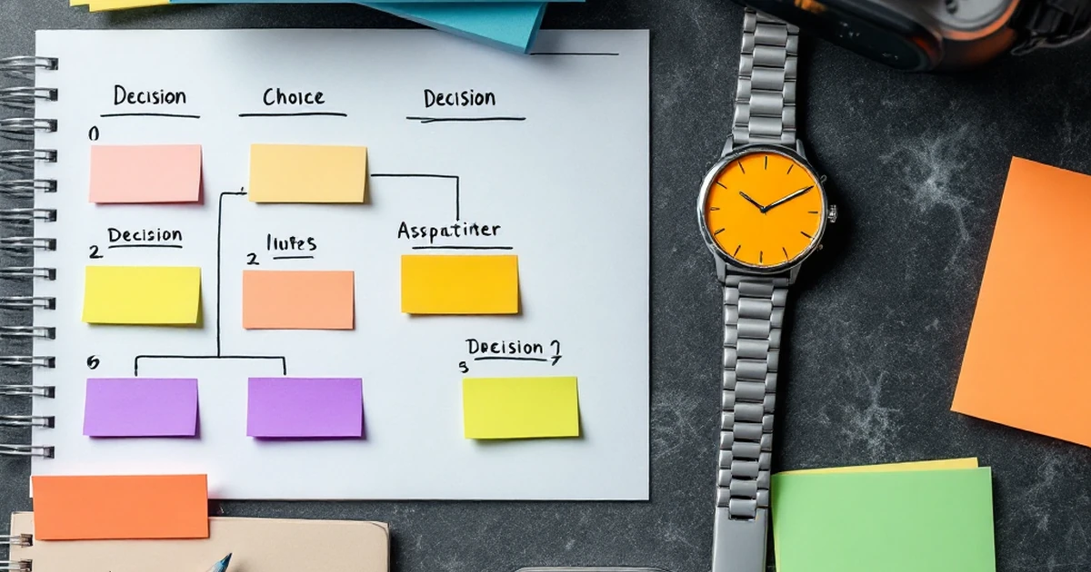 Flat lay of decision tools with a flowchart and sticky notes for AI assistant choice.