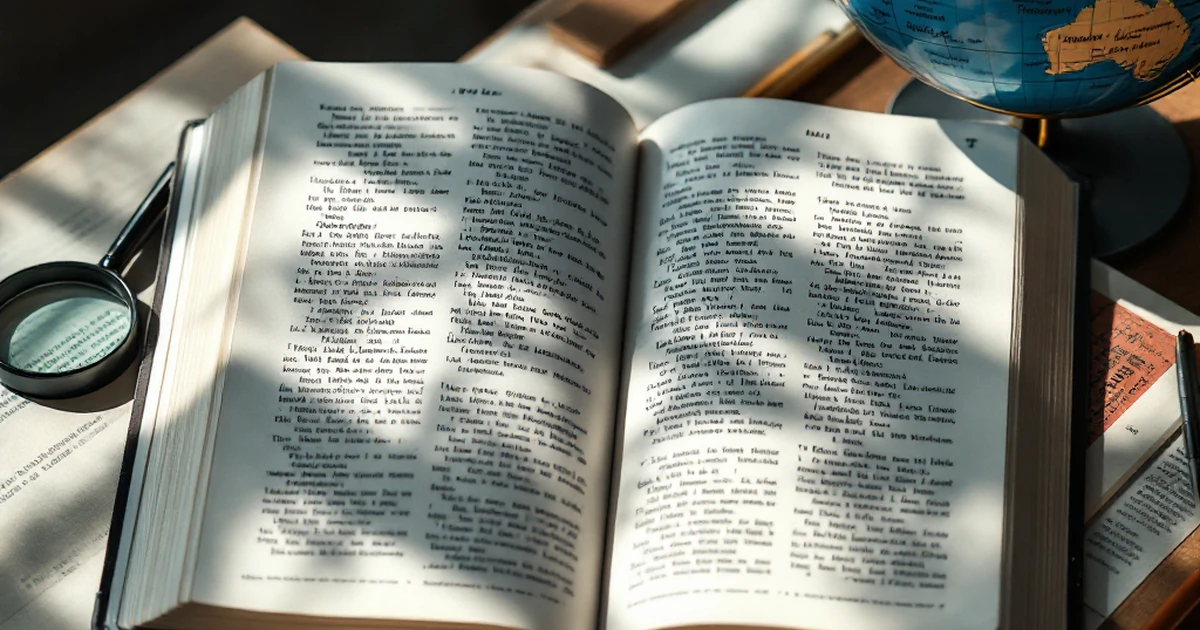 Product photography of language tools including dictionary and globe.