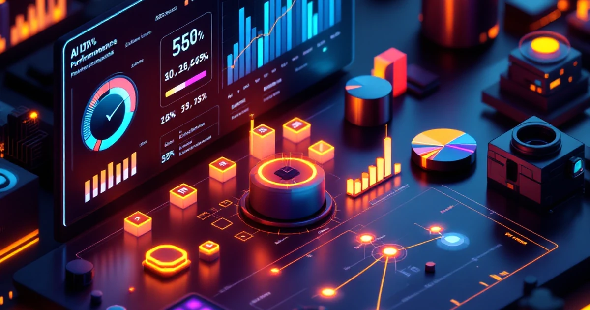 Isometric view of AI performance dashboard with graphs and progress bars.