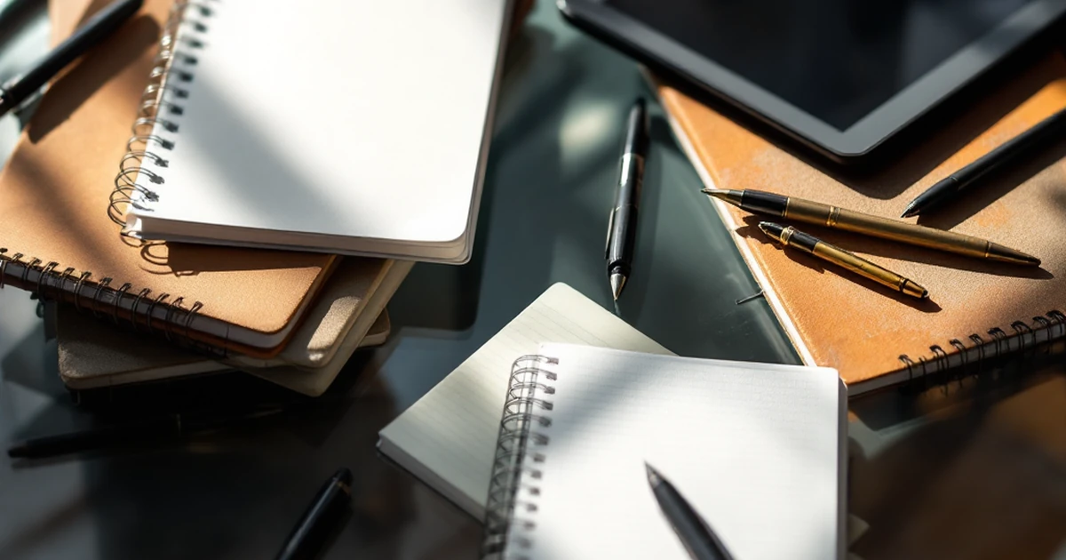Editorial image of various writing tools on a glass table.