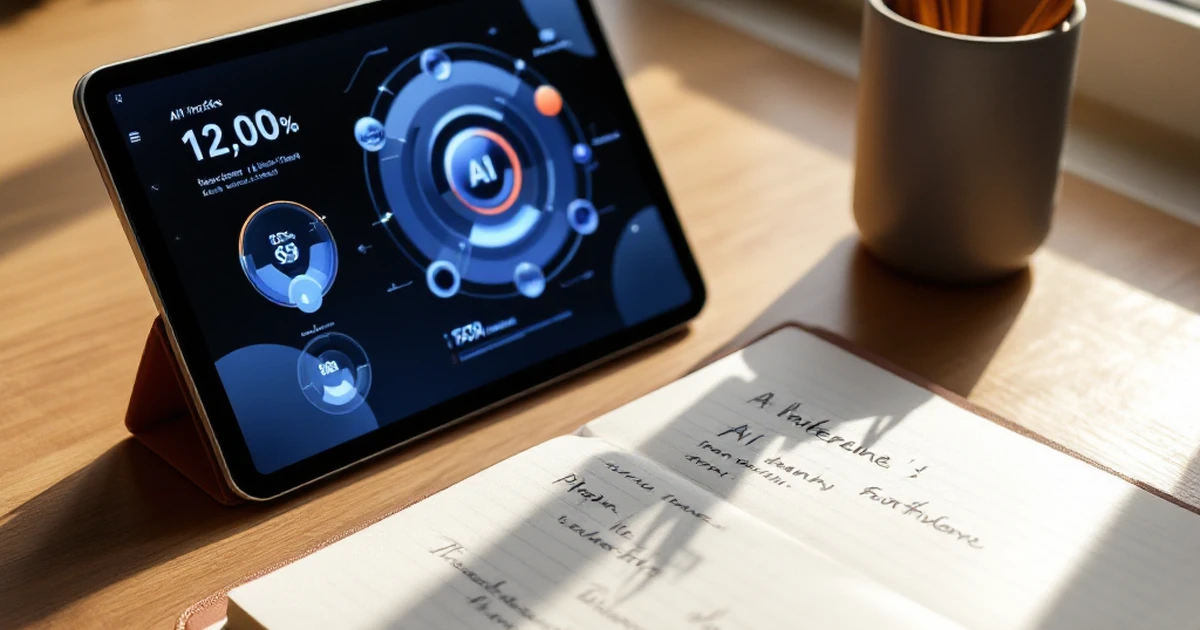Notebook and tablet with AI graphics on workspace.