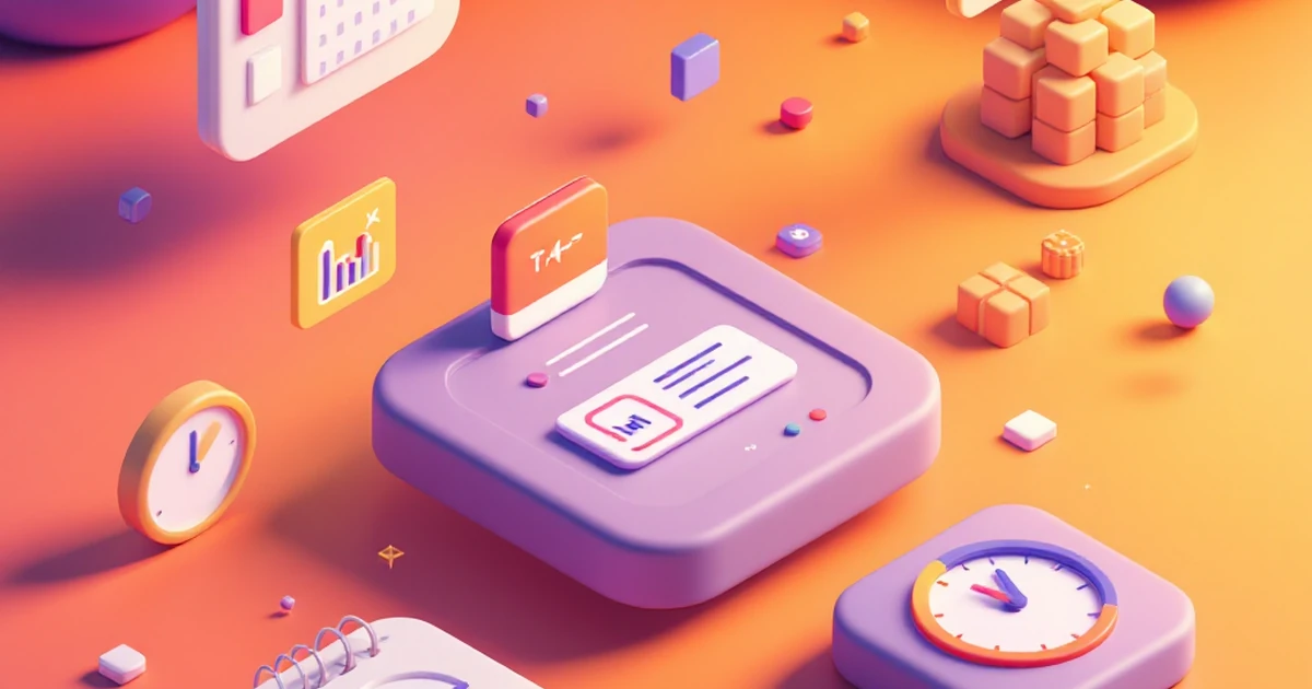 Isometric view of task management elements like task cards and calendar.