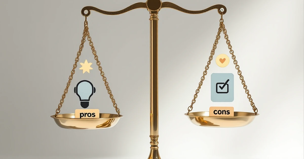 Product shot of scales with pros and cons icons.