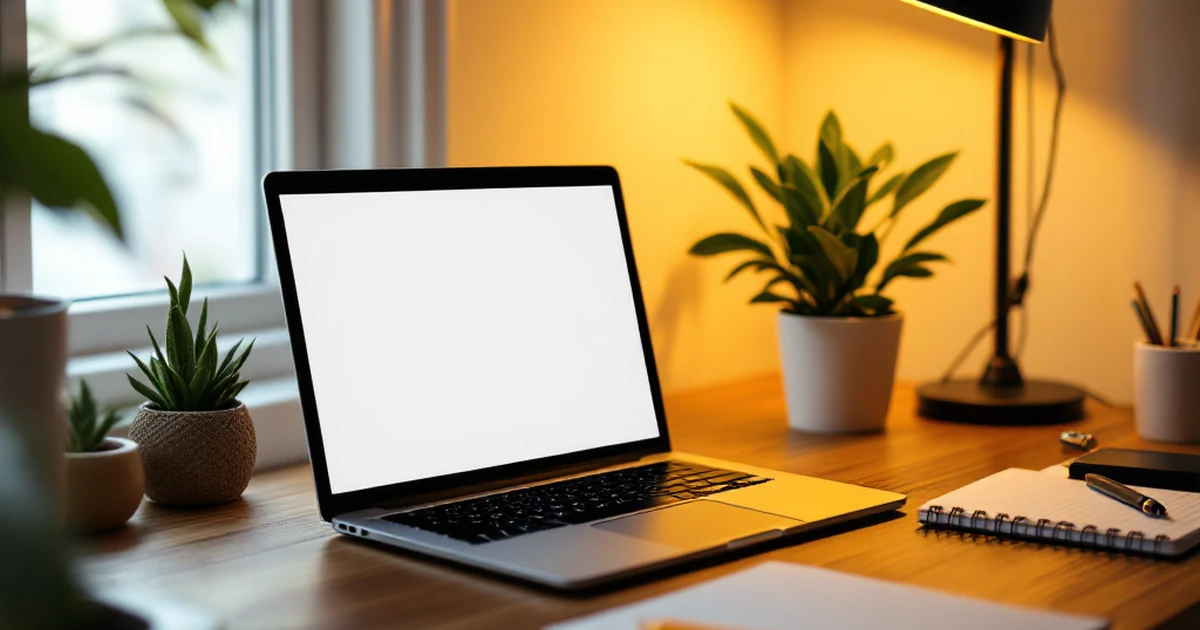 Workspace with laptop, notebook, and plant on desk.