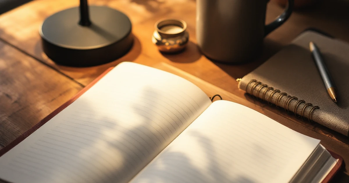 Cozy workspace with open notebook and mug on a wooden desk.