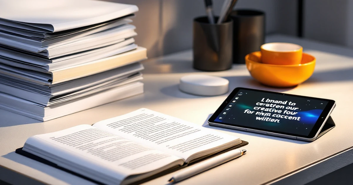 Modern desk with AI writing tools and digital tablet.