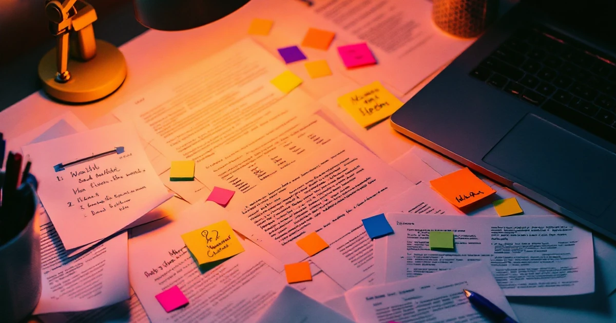 Creative workspace with scattered pages and a desk lamp.