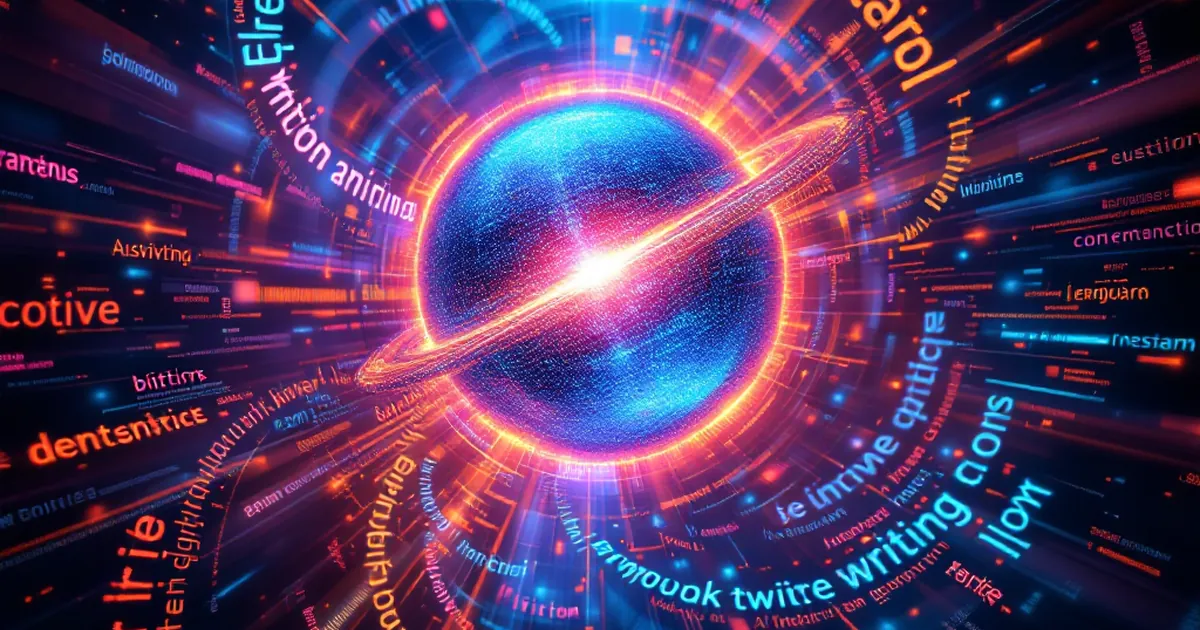 Abstract digital text elements with glowing sphere representing AI writing.