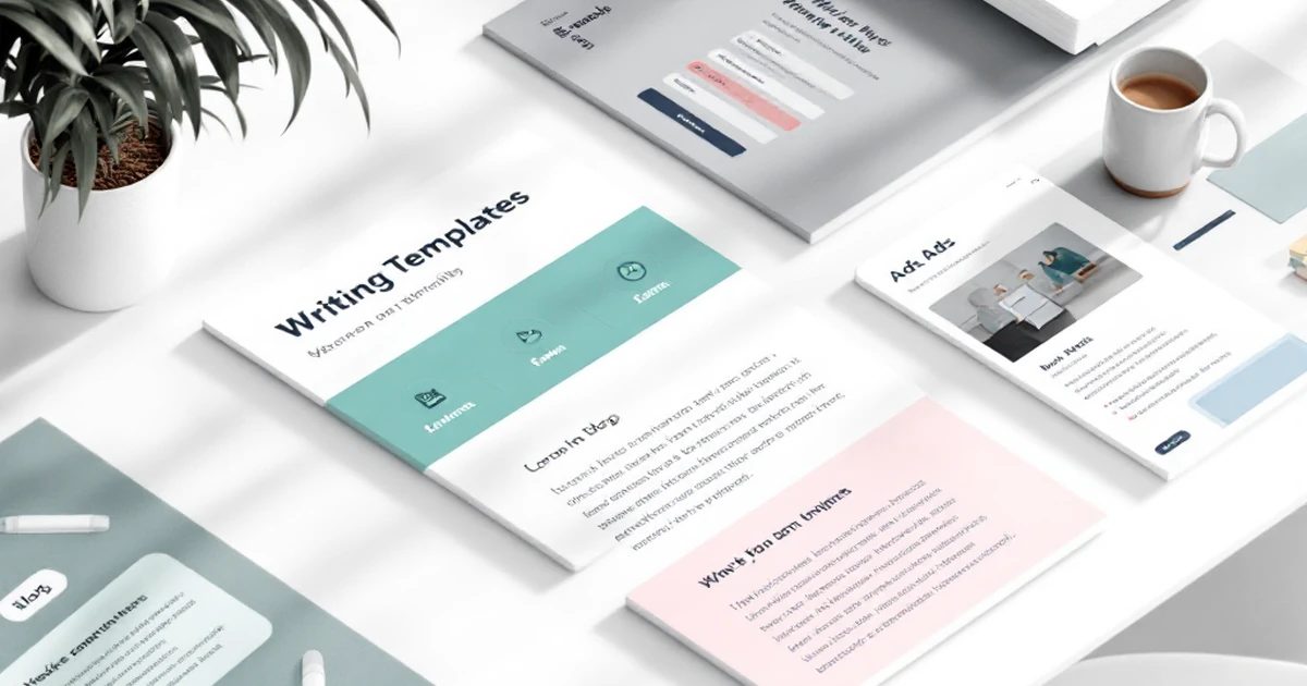 Isometric view of writing templates for blogs, emails, and ads.