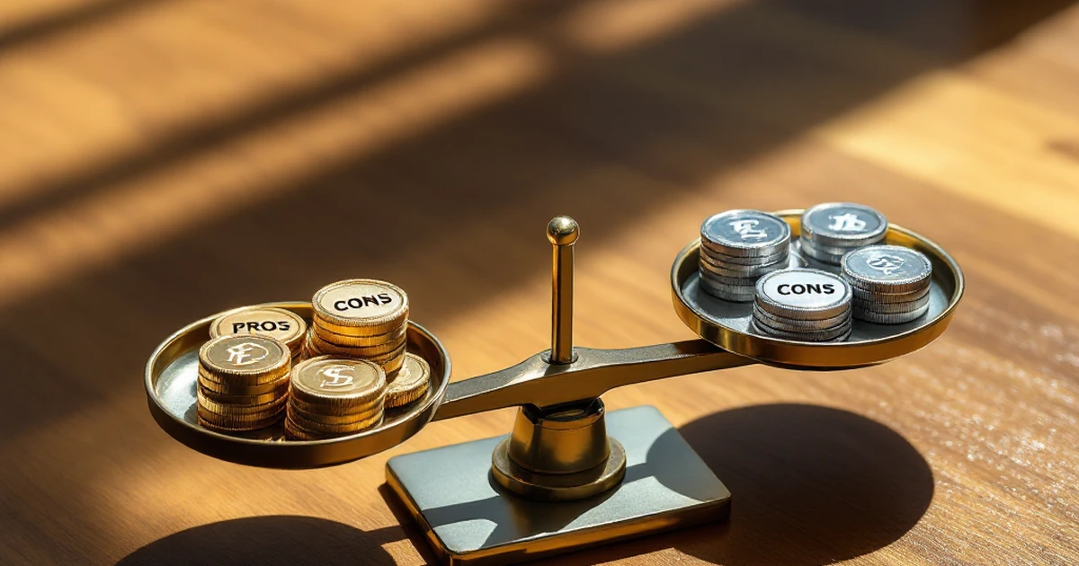 Balance scale with pros and cons on either side.