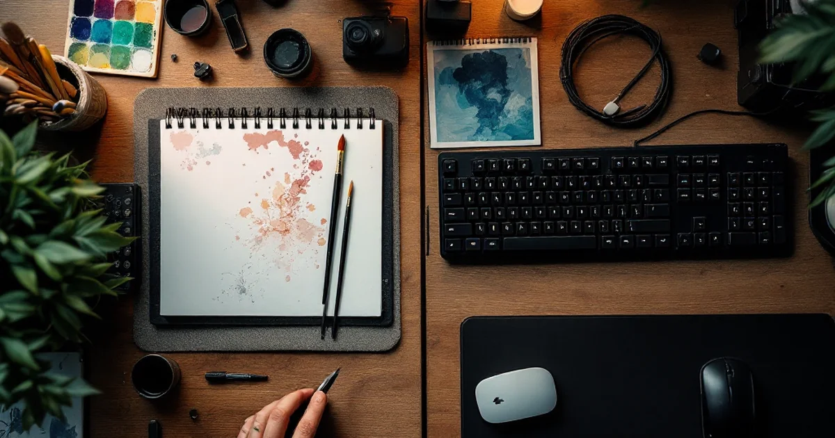 Editorial image showing creative and tech workspaces side by side.