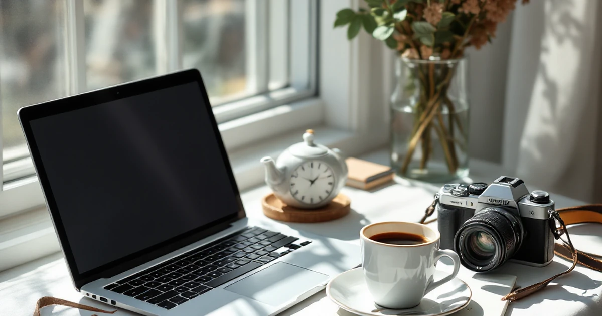Editorial workspace with laptop, coffee, notes, and camera by a window.