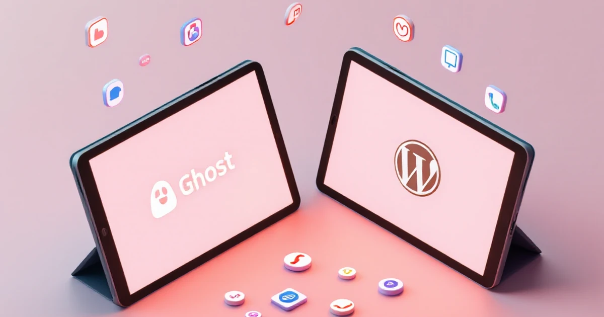 Isometric view of tablets with Ghost and WordPress logos showing platform features.