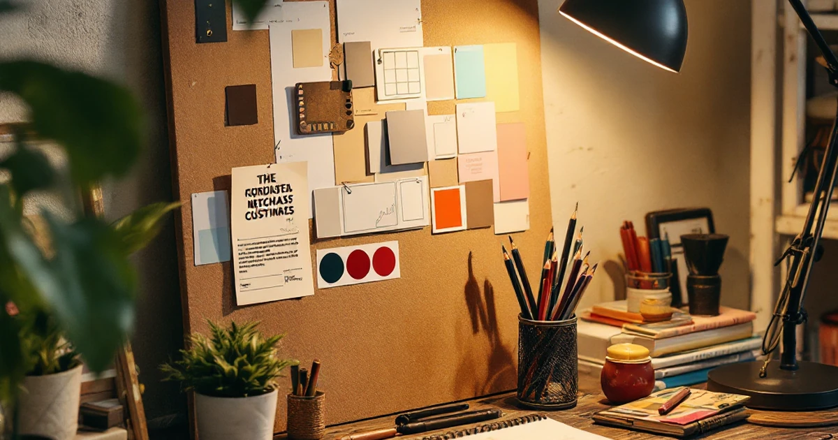 Creative workspace with mood board and sketchbook for blog planning.
