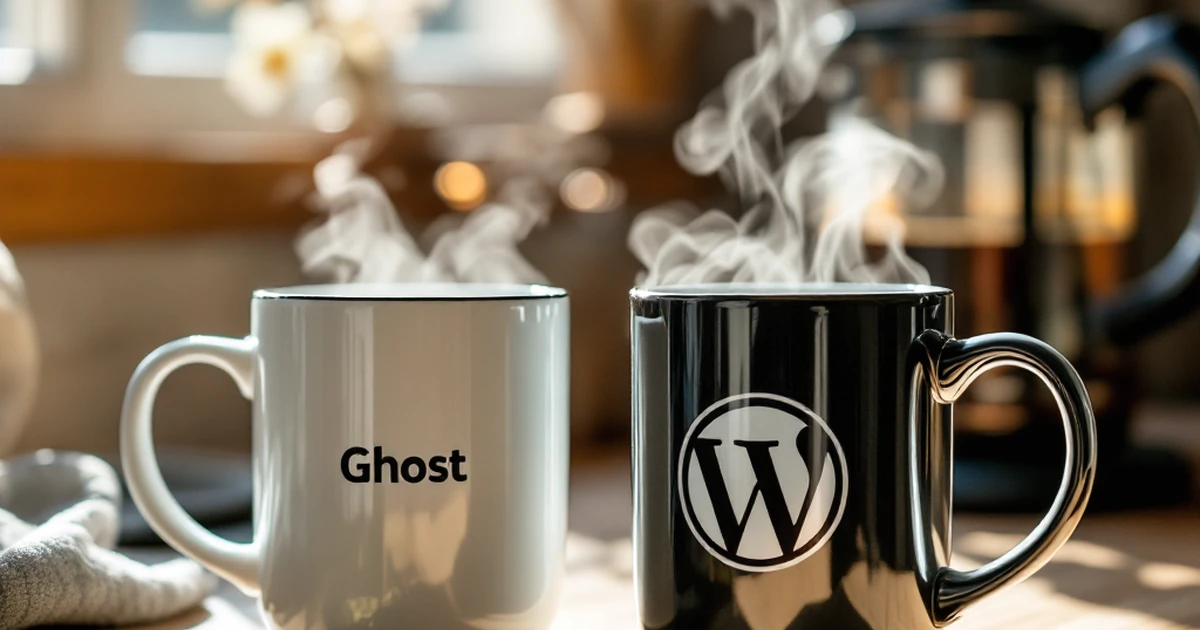 Mugs themed with Ghost and WordPress logos beside a coffee pot.