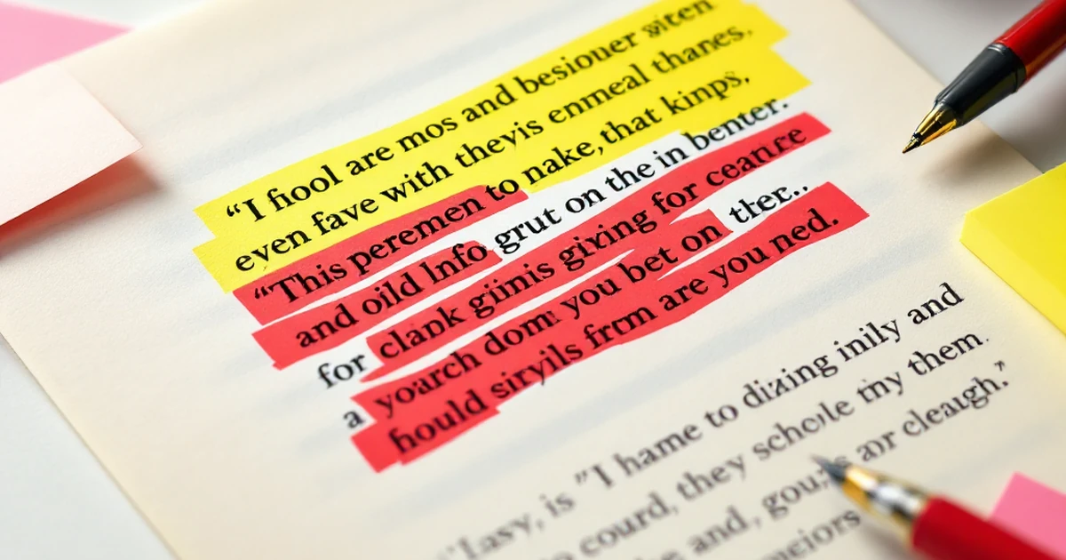 Isometric view of a text passage with color-coded highlights and editing tools.