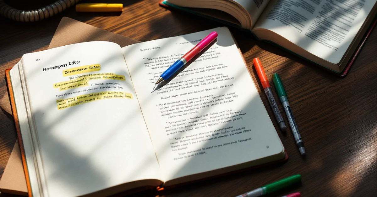 Workspace featuring Hemingway Editor with highlighted text and editing tools.