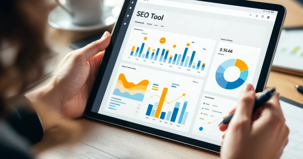 Tablet showing SEO tool interface with graphs and charts.