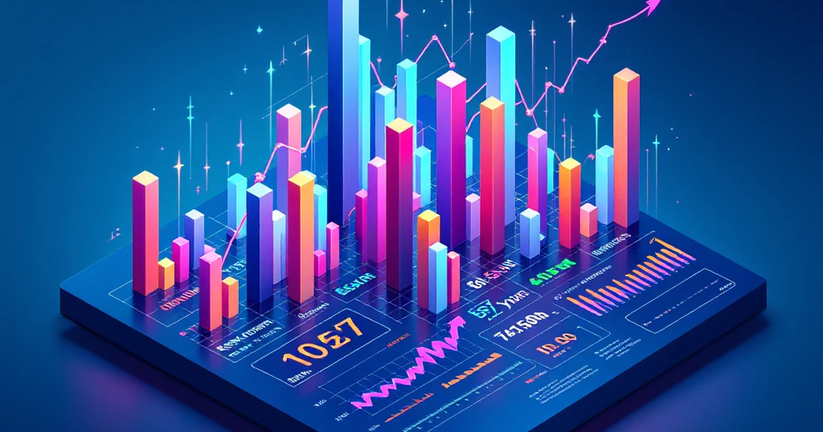 Isometric view of keyword data visualization with colorful bars.