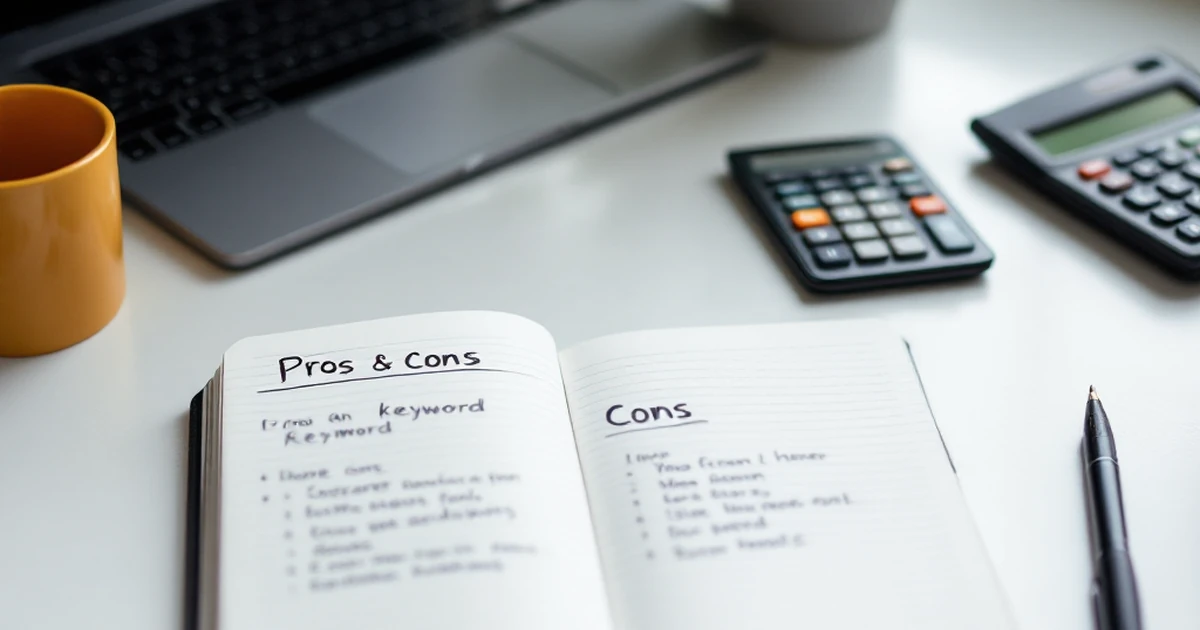 Notebook with pros and cons list on a clean desk.