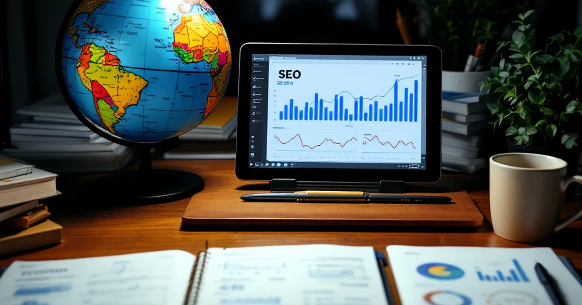 SEO planning workspace with notebooks, globe, and graphs on tablet.