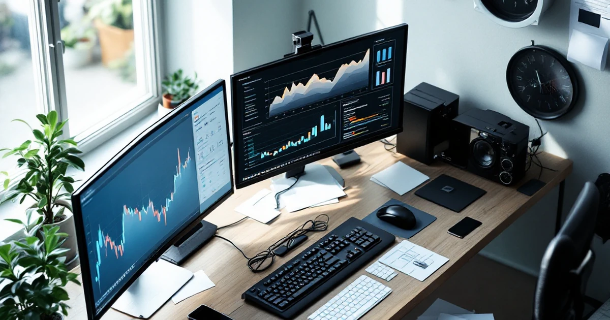 Isometric workspace with monitors displaying data charts.
