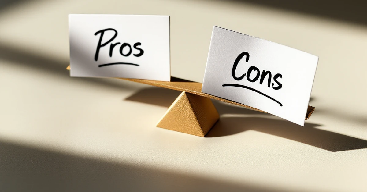 Abstract scales balancing 'Pros' and 'Cons' keyword cards.