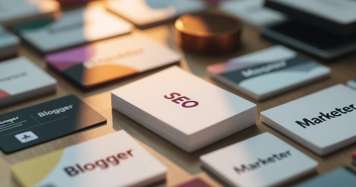 Business cards with various professions like 'Blogger' and 'Marketer'.