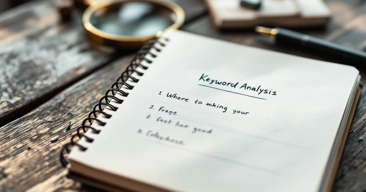 Notebook with handwritten keyword notes, magnifying glass, and pen.