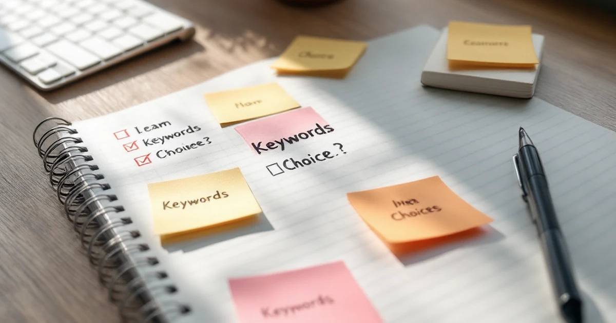 Workspace with notebook and sticky notes indicating keyword choices.