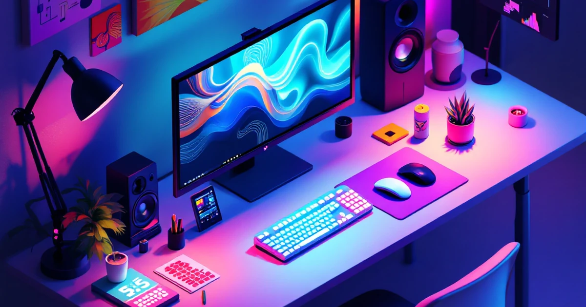 Isometric view of creative workspace with digital monitor.