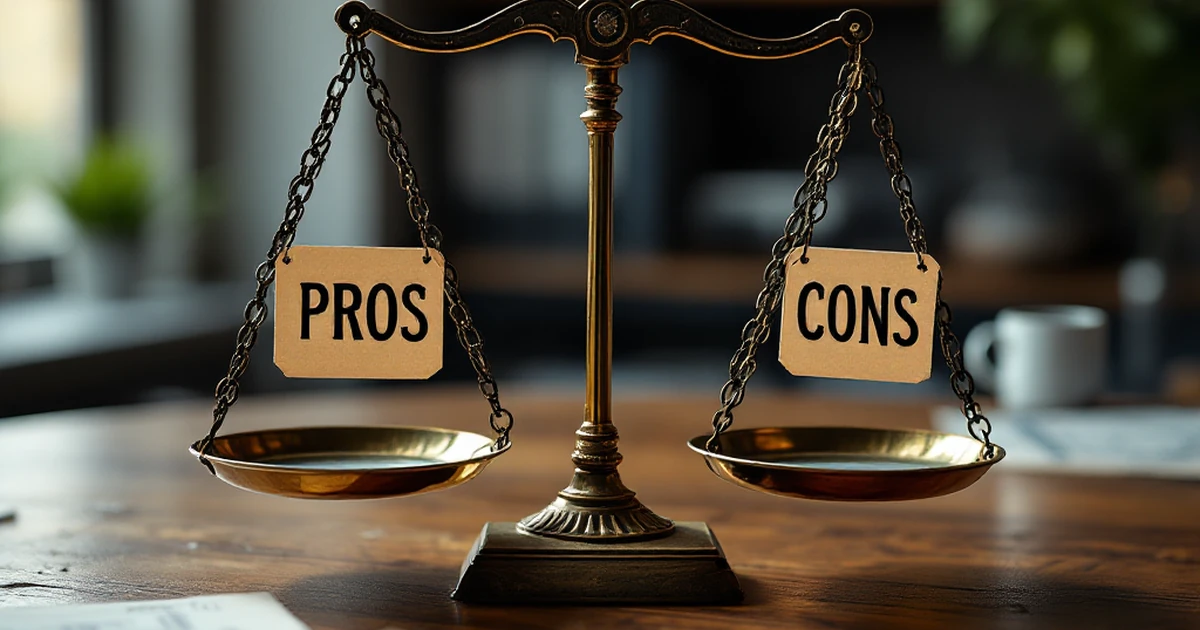 Balance scale with pros and cons imagery on wooden table.