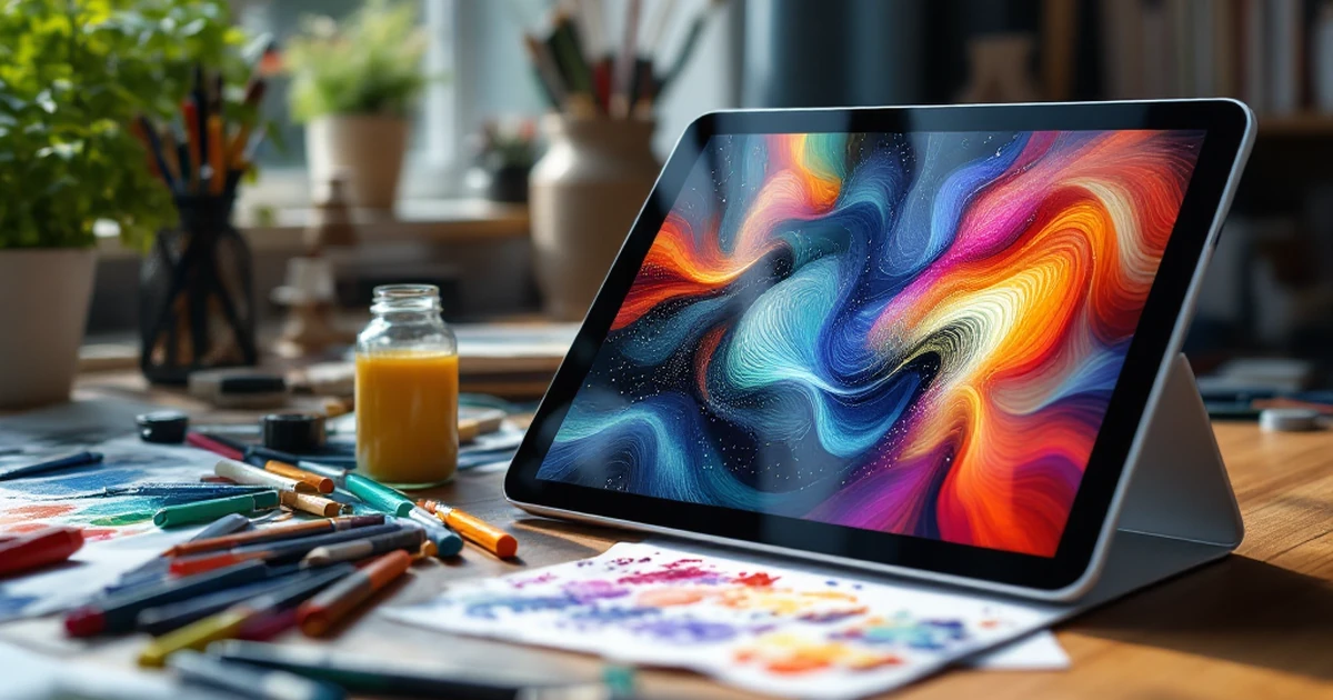 Creative workspace with art supplies and digital tablet for Leonardo AI theme.