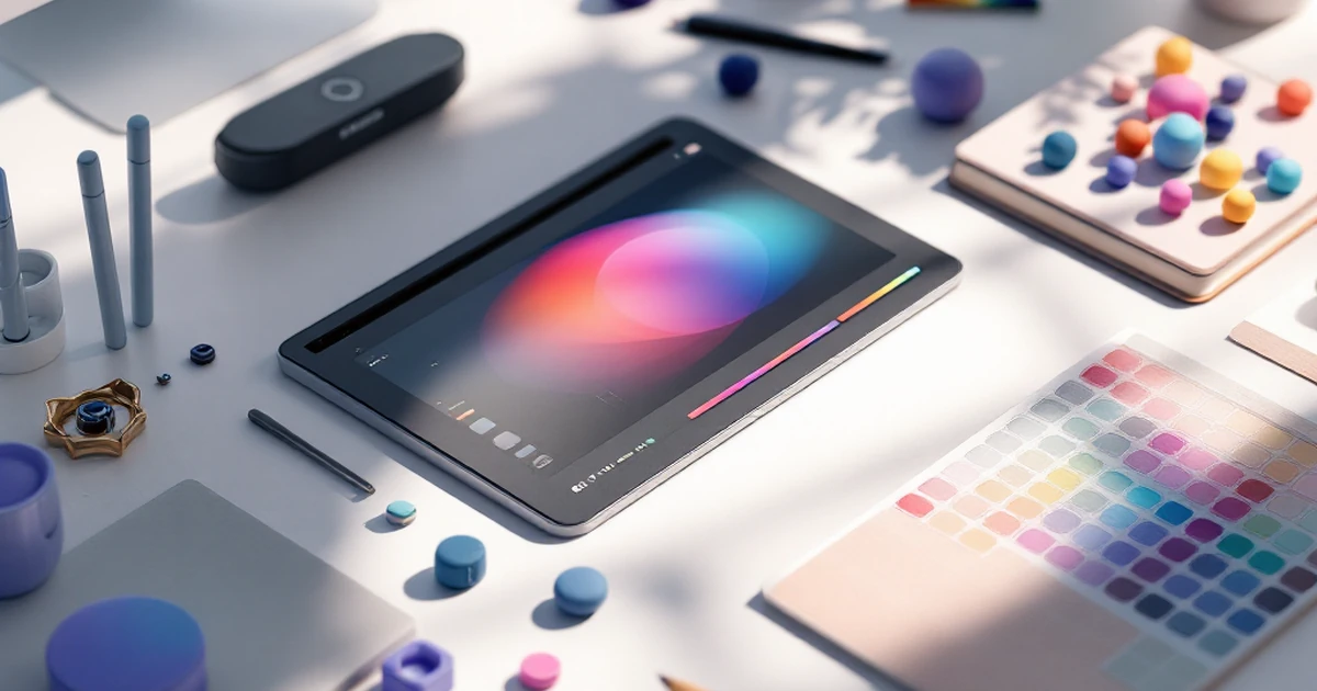 Isometric view of image editing tools for AI creation on a desk.