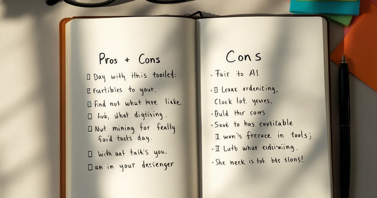 Flat lay of pros and cons list for AI tools on a desk.