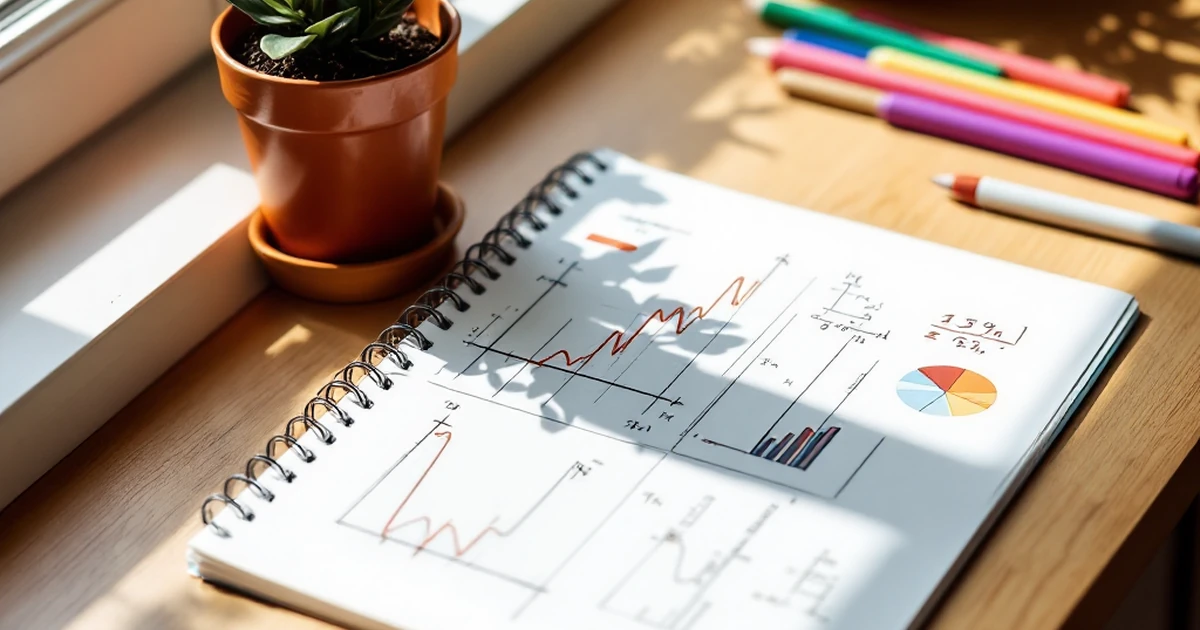 Workspace with a notepad displaying sketched graphs, potted plant, and pens, highlighting Mangools features.