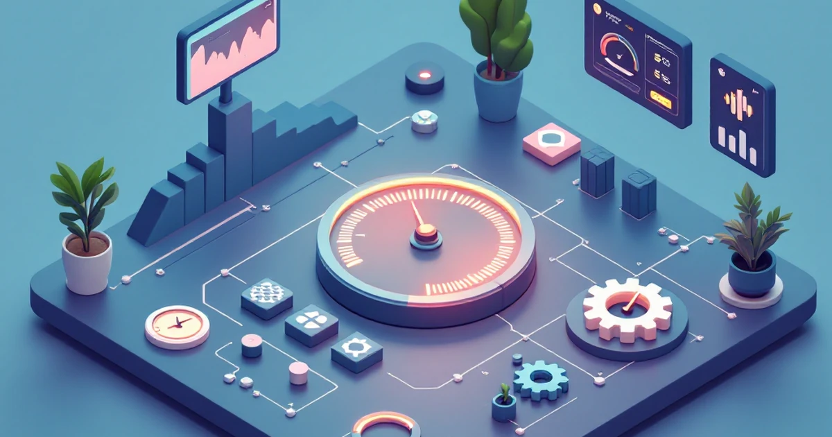Isometric view of performance testing symbols like speedometers and gears in a grid layout.