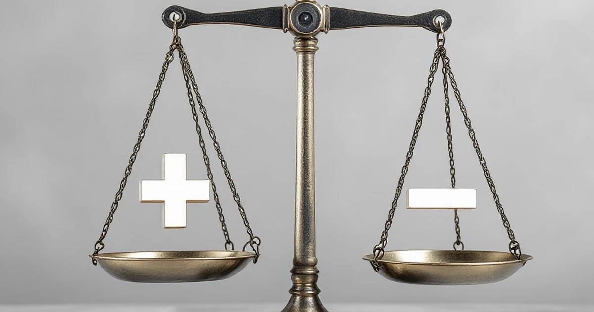 Scales balancing plus and minus signs representing the pros and cons of Mangools.